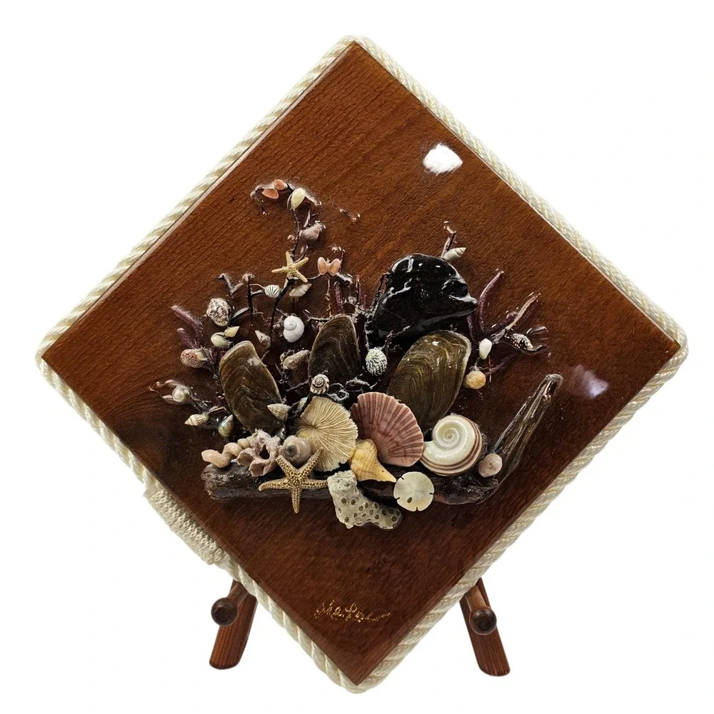Vintage Signed 3D Seashell Nautical Wood Wall Art Plaque Rope Border 8.5in